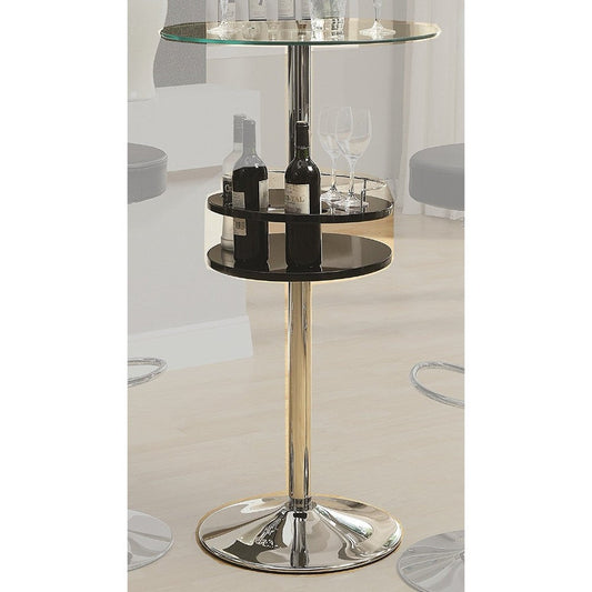 Benzara BM69380 Black and Chrome Round Bar Table With Tempered Glass Top and Storage