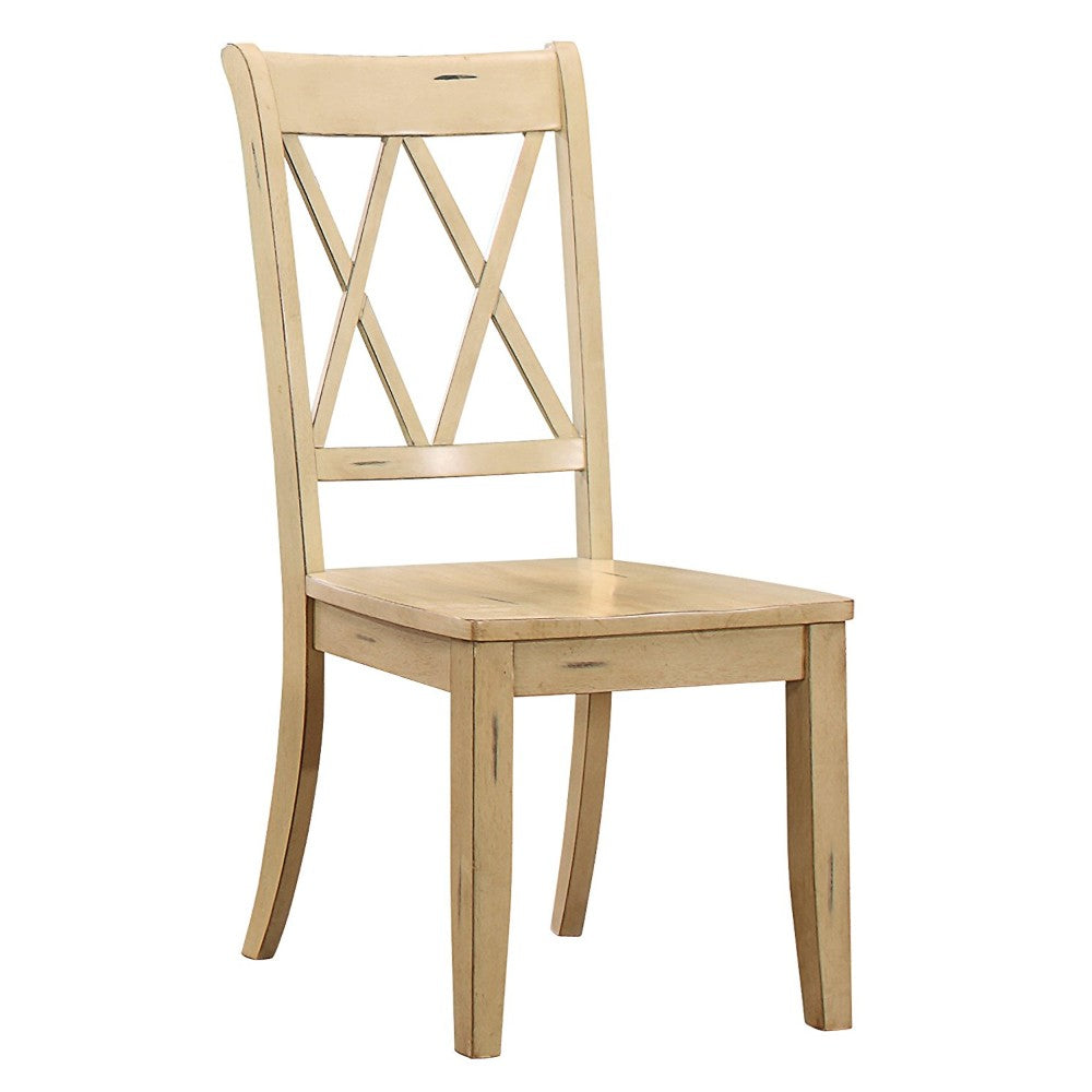 Benzara Beige Pine Veneer Side Chair With Double X-Cross Back Set of Two