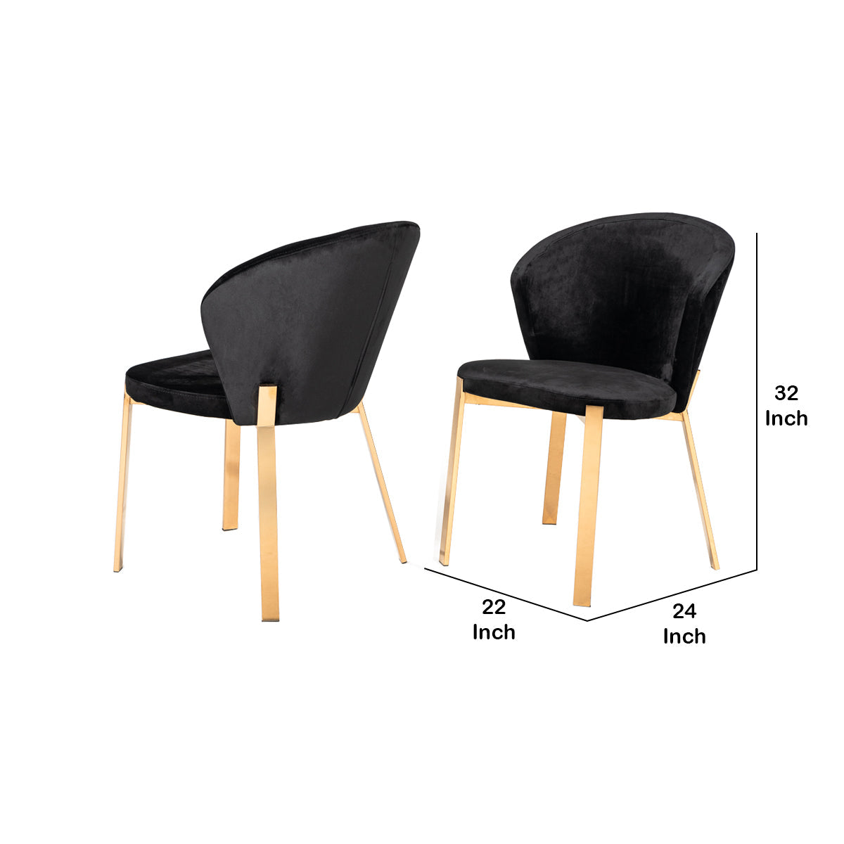 Benzara Black Velvet Curved Back Dining Chair With Gold Metal Legs Set of Two