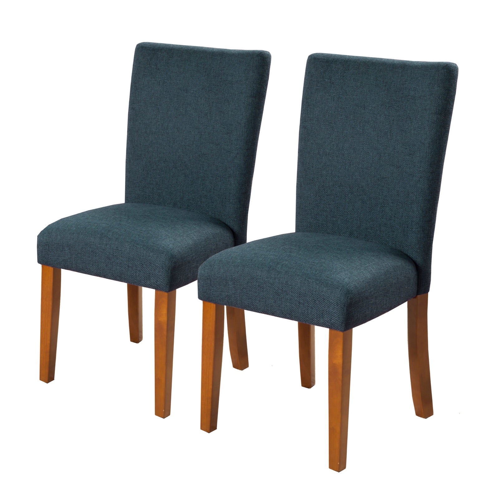 Benzara Blue Fabric Upholstered Parson Dining Chair With Brown Wooden Legs Set of Two