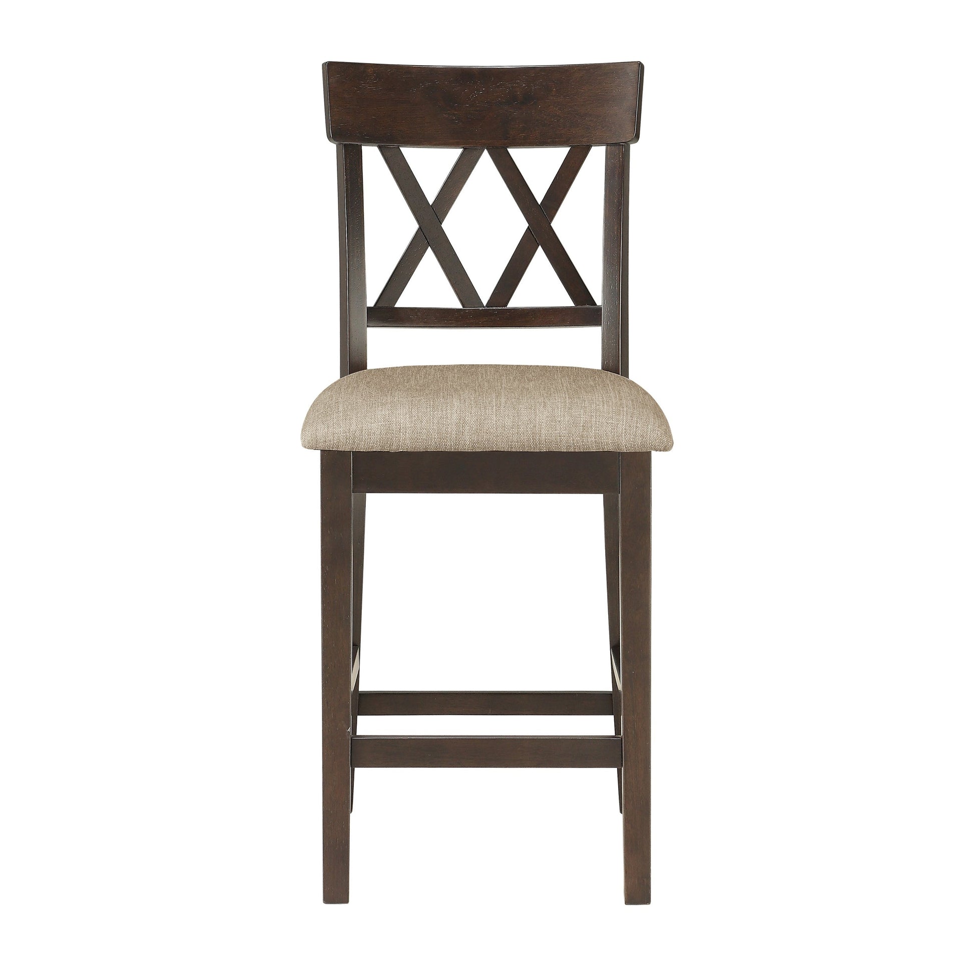 Benzara Brown Fabric Wooden Counter Height Chair With Double X Back Design