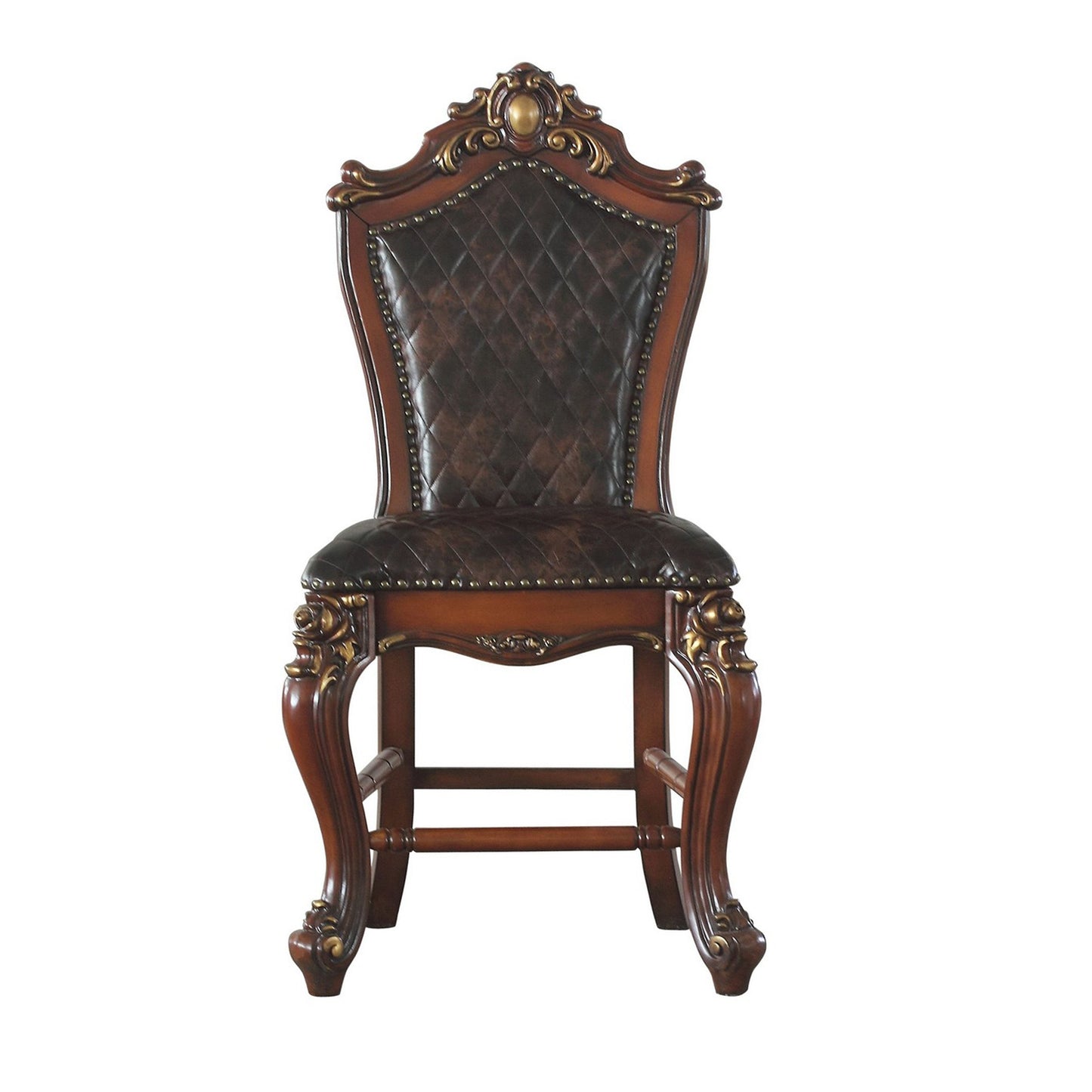 Benzara Brown Leatherette Padded Counter Height Chair With Carvings Set of Two