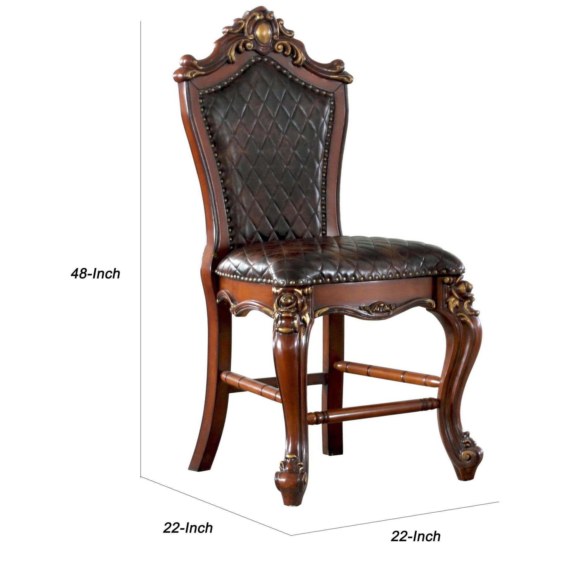 Benzara Brown Leatherette Padded Counter Height Chair With Carvings Set of Two