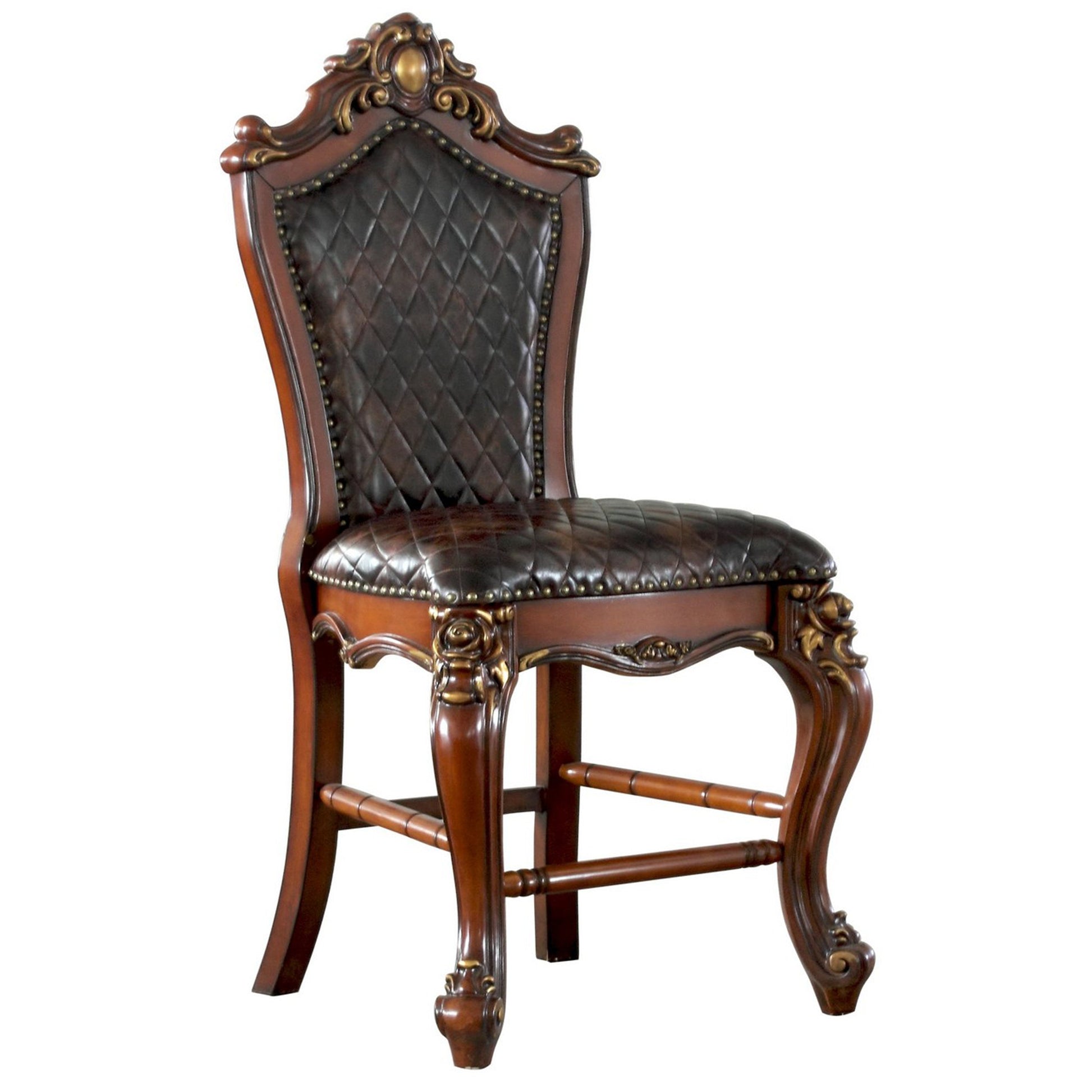 Benzara Brown Leatherette Padded Counter Height Chair With Carvings Set of Two