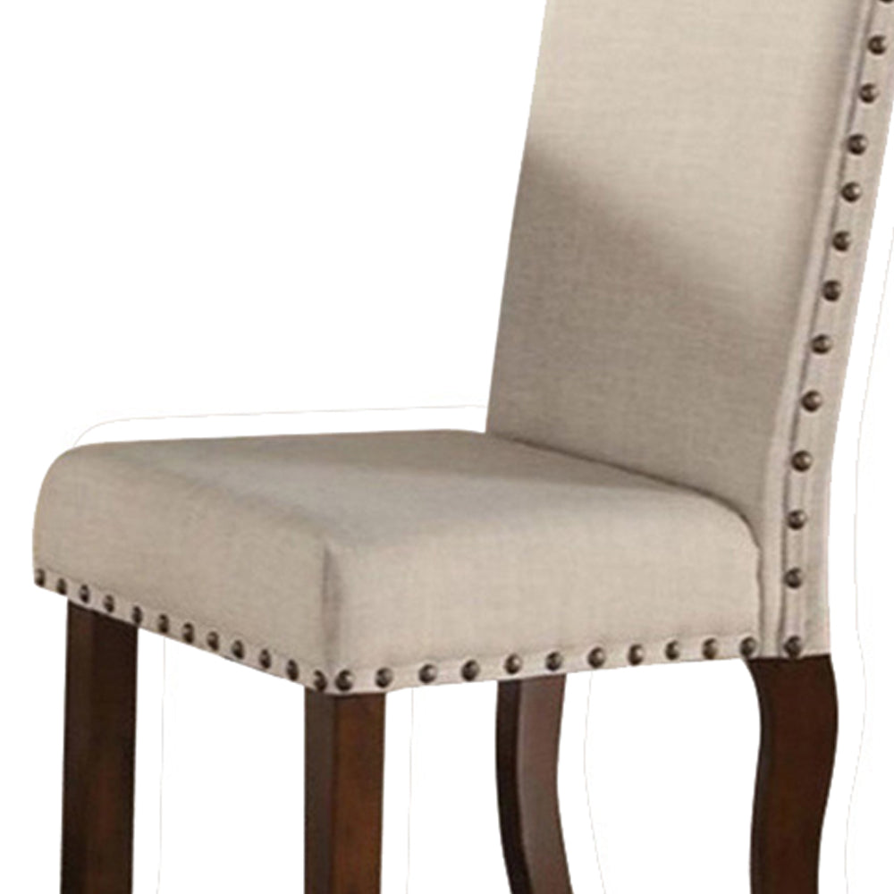 Benzara Brown Rubber Wood Dining Chair With Cream Upholstery and Nail Head Trim Set of Two