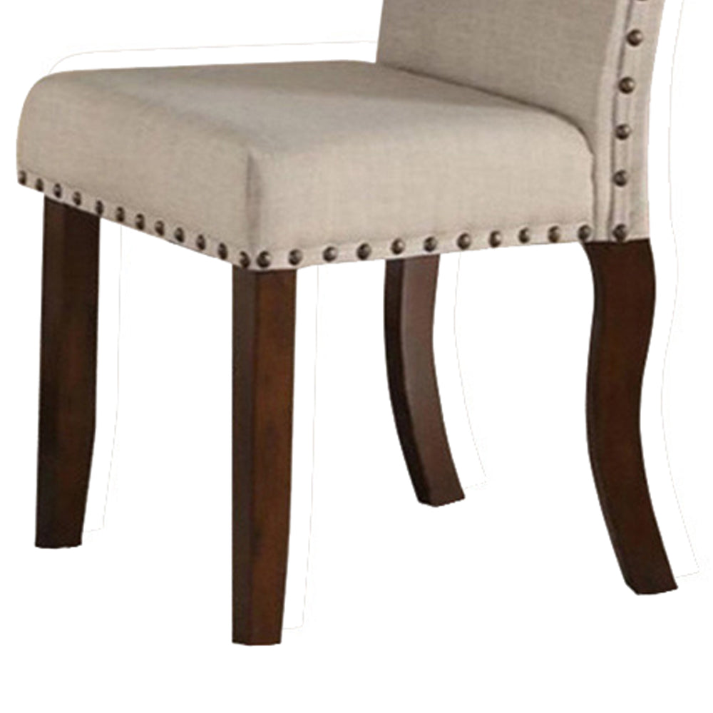 Benzara Brown Rubber Wood Dining Chair With Cream Upholstery and Nail Head Trim Set of Two