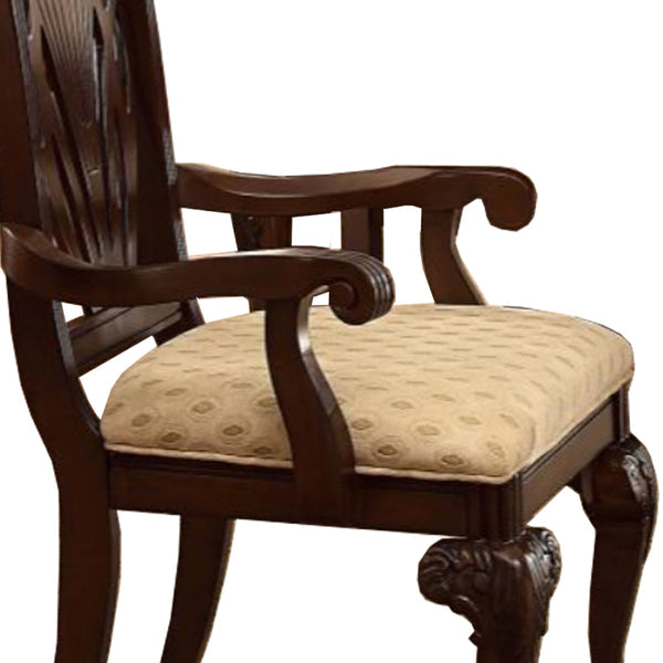 Benzara Brown Traditional Style Wooden-Fabric Dinning Arm Chair With Carved Details and Cream Upholstery Set of Two