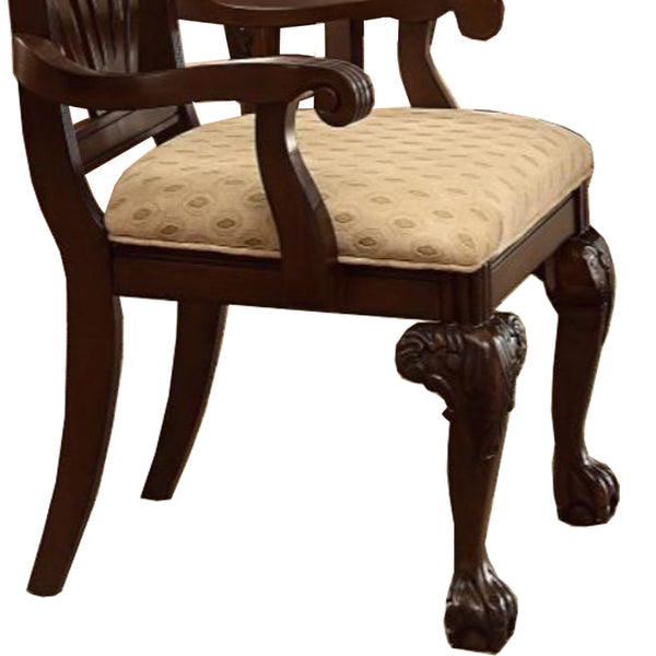 Benzara Brown Traditional Style Wooden-Fabric Dinning Arm Chair With Carved Details and Cream Upholstery Set of Two