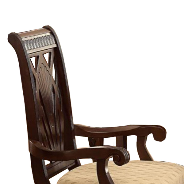 Benzara Brown Traditional Style Wooden-Fabric Dinning Arm Chair With Carved Details and Cream Upholstery Set of Two