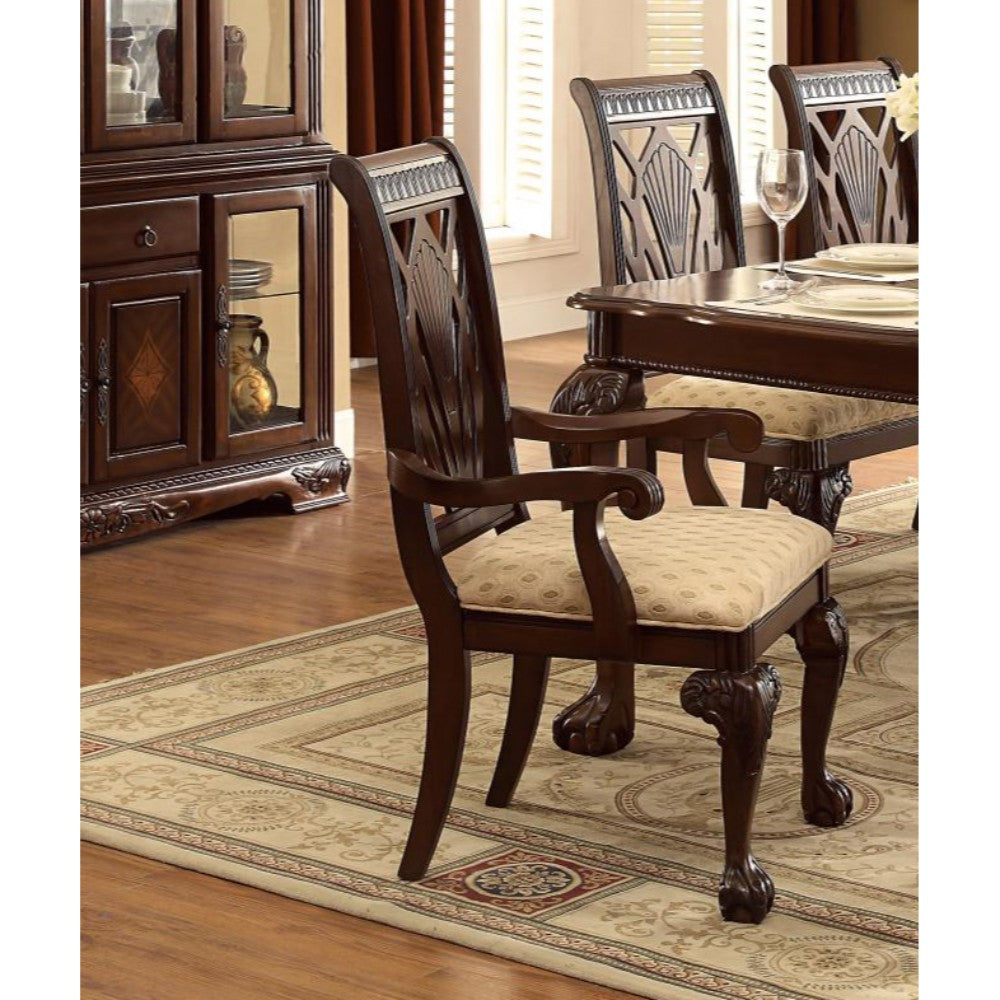 Benzara Brown Traditional Style Wooden-Fabric Dinning Arm Chair With Carved Details and Cream Upholstery Set of Two