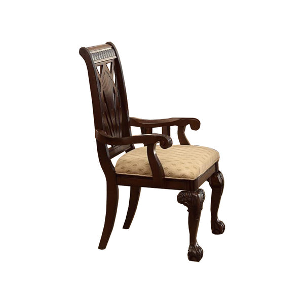 Benzara Brown Traditional Style Wooden-Fabric Dinning Arm Chair With Carved Details and Cream Upholstery Set of Two