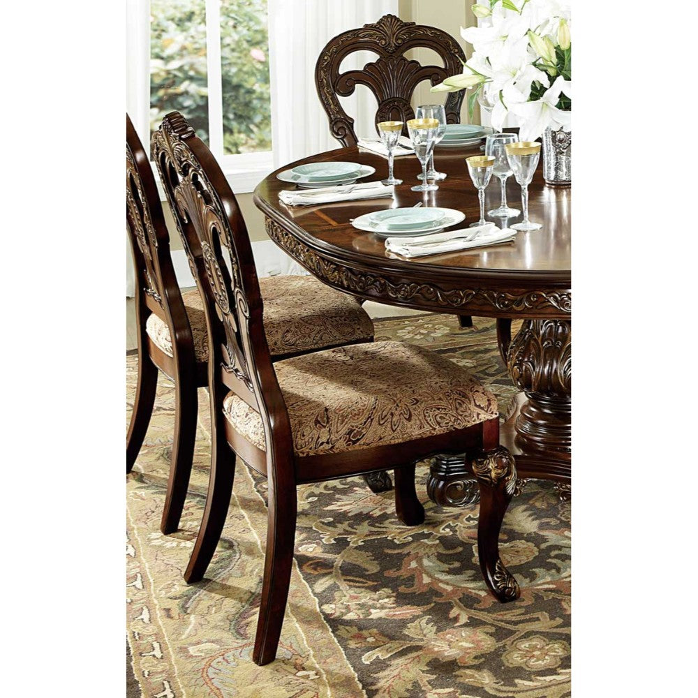 Benzara Brown Wood Side Chair With Deep Engraved Design and Beige Upholstery Set of Two