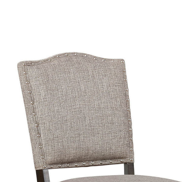 Benzara Brown Wooden Counter Height Chair With Camelback and Gray Fabric Upholstery Set of Two