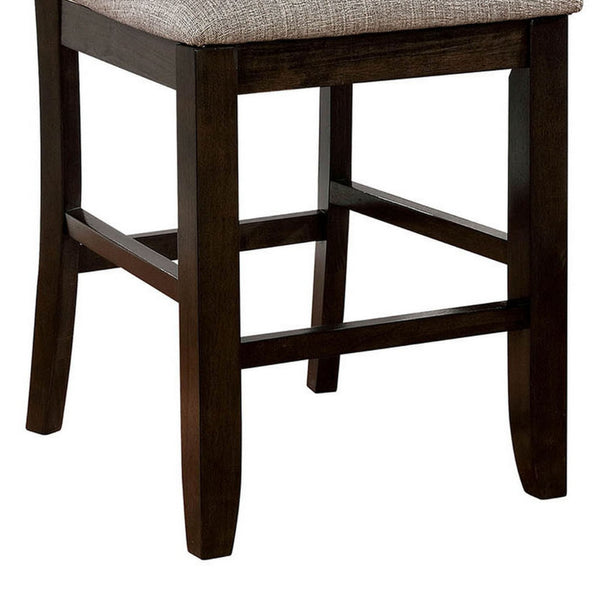 Benzara Brown Wooden Counter Height Chair With Camelback and Gray Fabric Upholstery Set of Two