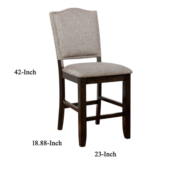 Benzara Brown Wooden Counter Height Chair With Camelback and Gray Fabric Upholstery Set of Two