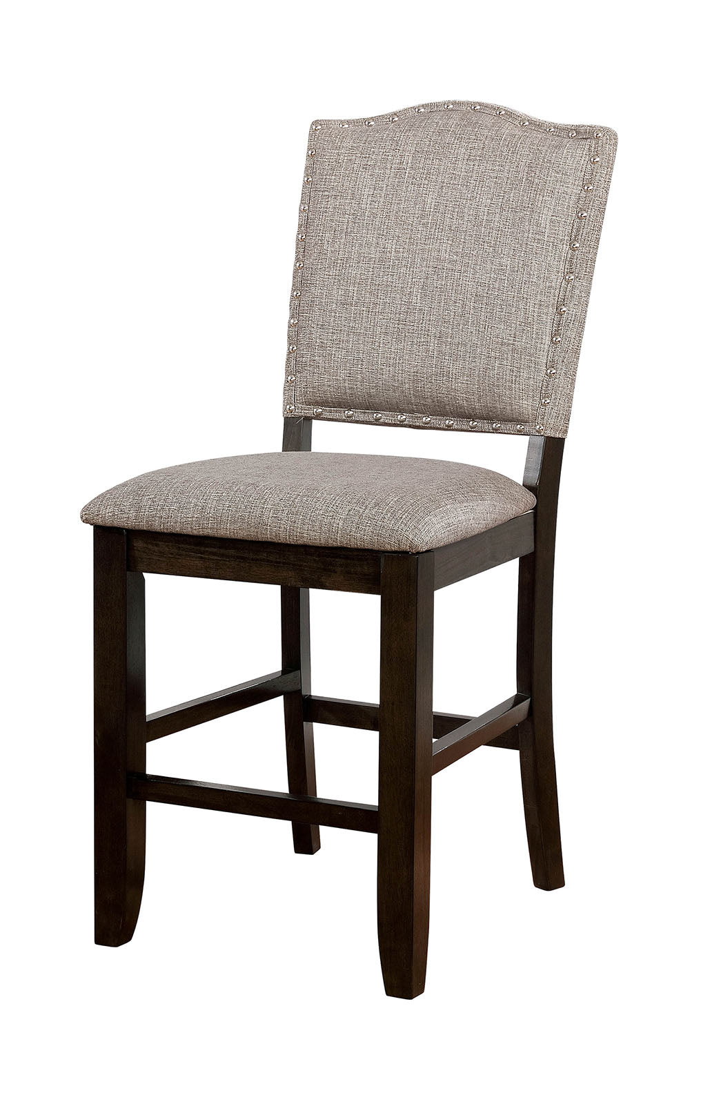 Benzara Brown Wooden Counter Height Chair With Camelback and Gray Fabric Upholstery Set of Two