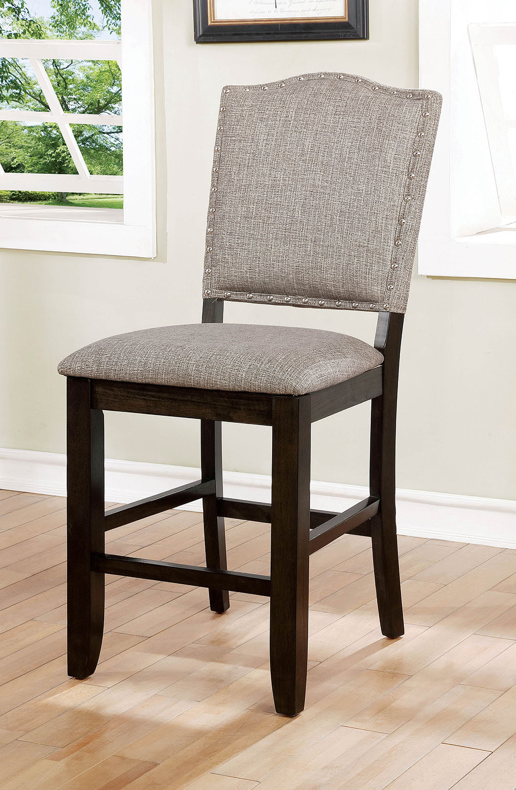 Benzara Brown Wooden Counter Height Chair With Camelback and Gray Fabric Upholstery Set of Two