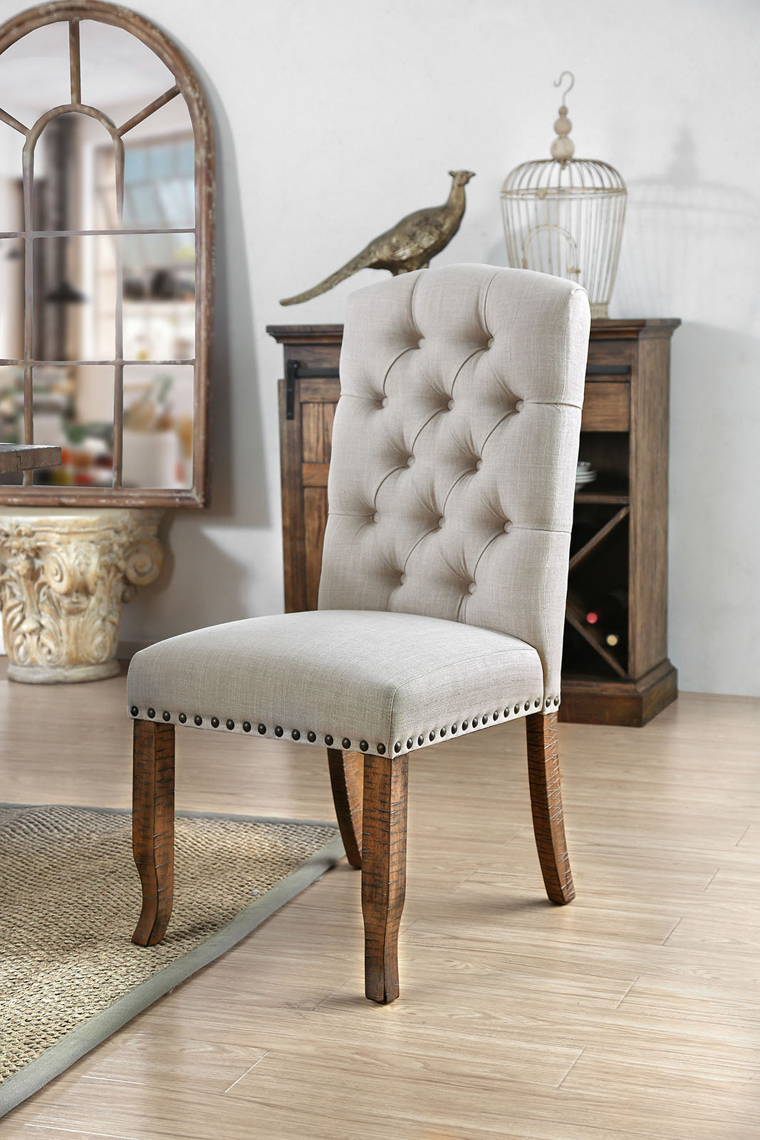 Benzara Brown Wooden Side Chair With Cream Button Tufted Fabric Upholstery Set of Two