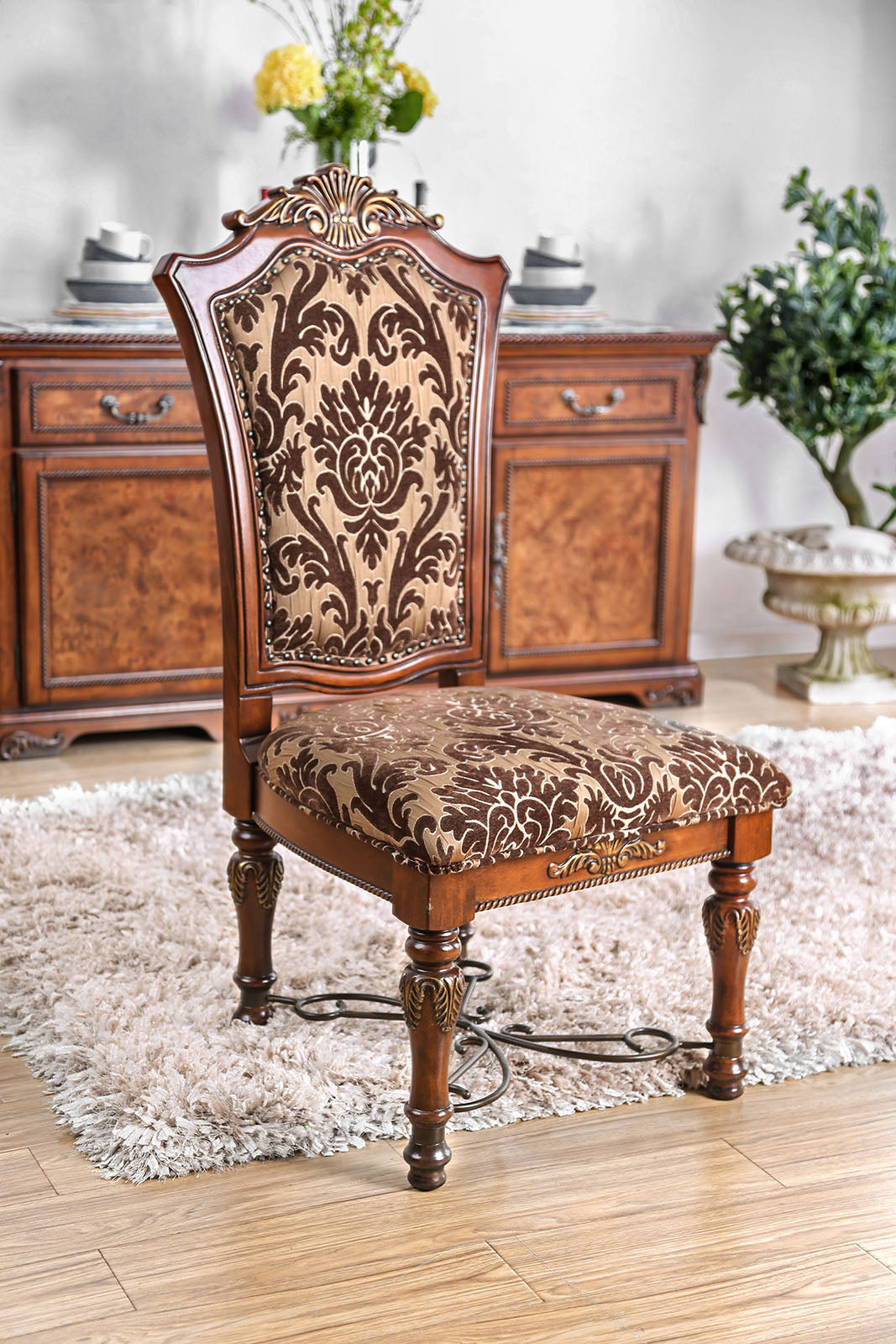 Benzara Brown Wooden Side Chair With Floral Print Fabric Upholstery Set of Two