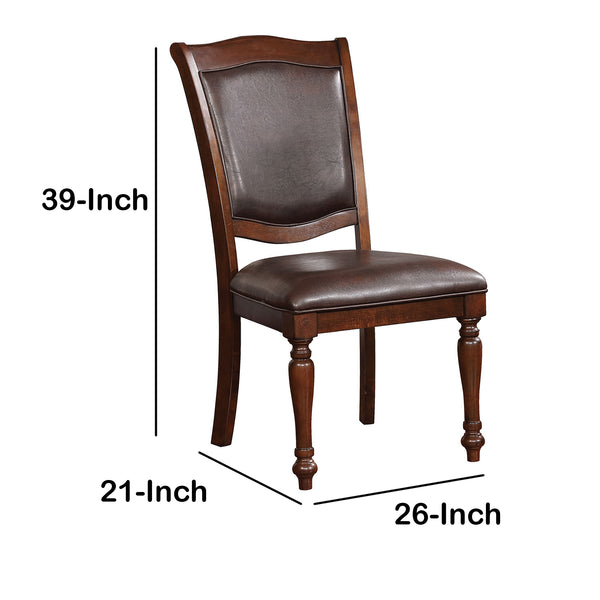 Benzara Brown Wooden Side Chair With Leatherette Cushioned Seating Set of Two