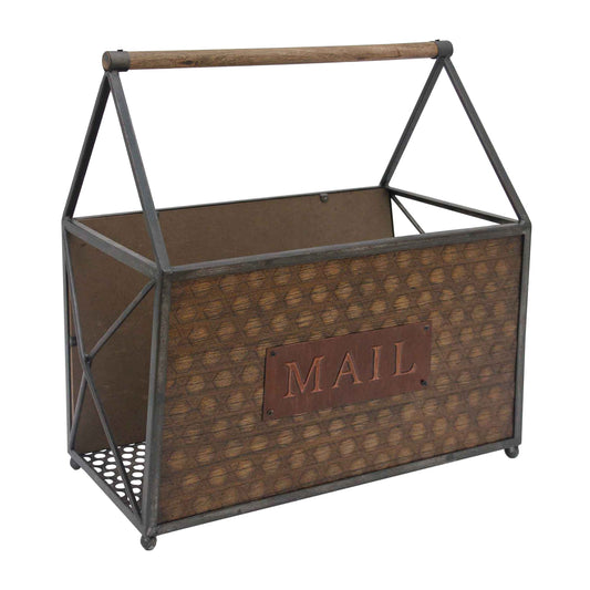 Benzara C554-FHB002 Brown and Gray Wood and Metal Frame Basket With Handle and Typography