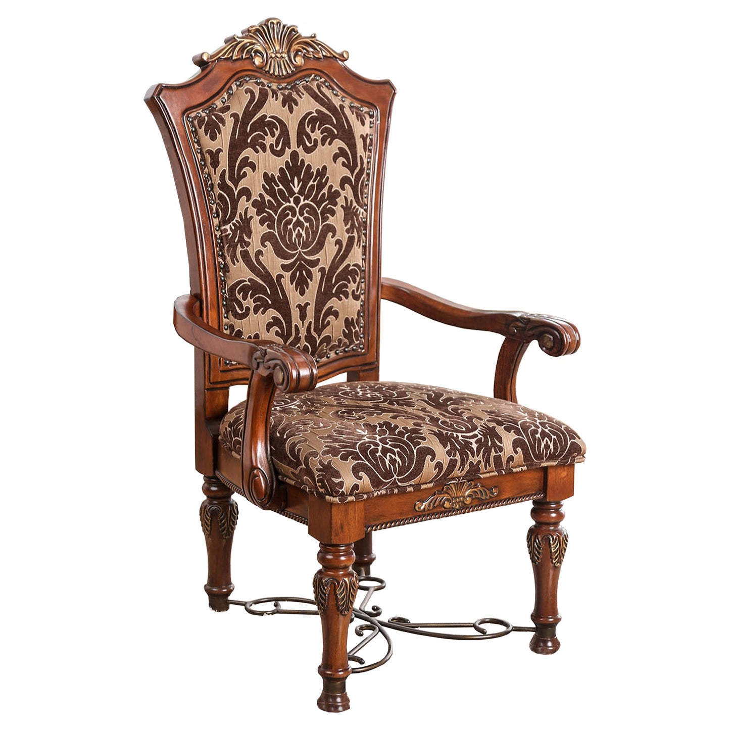 Benzara Cherry Brown Wodden Arm Chair With Floral Print Fabric Upholstery Set of Two