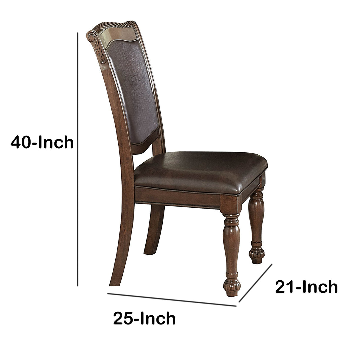 Benzara Cherry Brown Wood Dining Side Chair With Dark Brown Upholstered Leather Seat and Back Set of Two