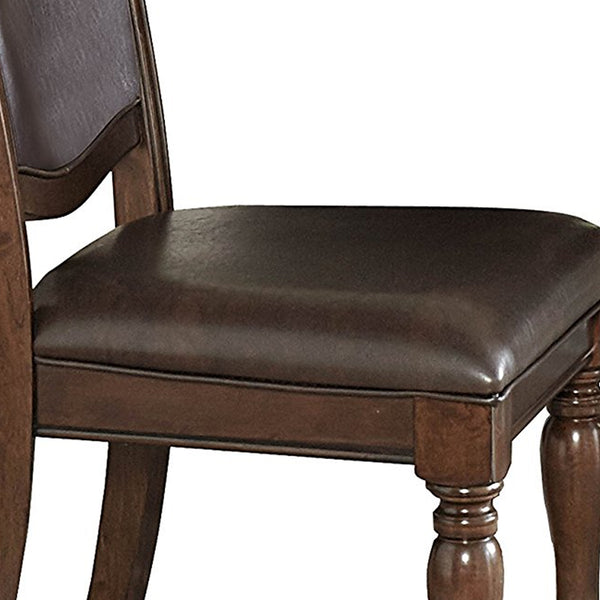 Benzara Cherry Brown Wood Dining Side Chair With Dark Brown Upholstered Leather Seat and Back Set of Two