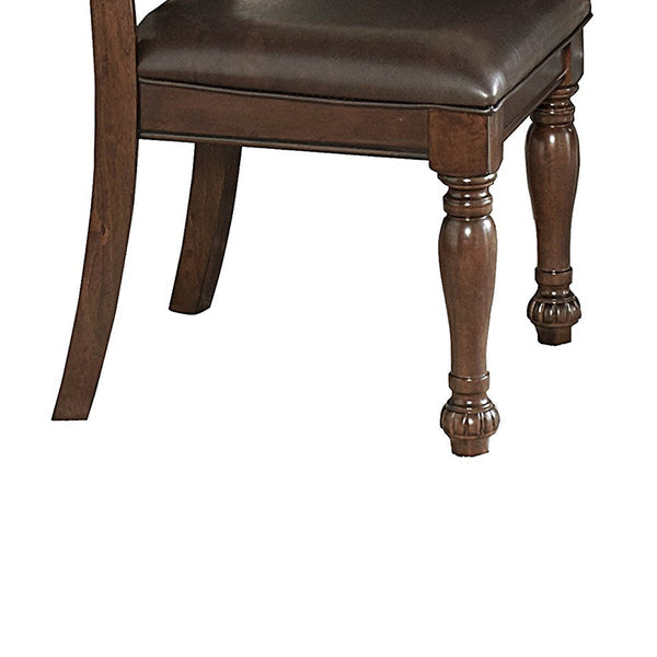 Benzara Cherry Brown Wood Dining Side Chair With Dark Brown Upholstered Leather Seat and Back Set of Two