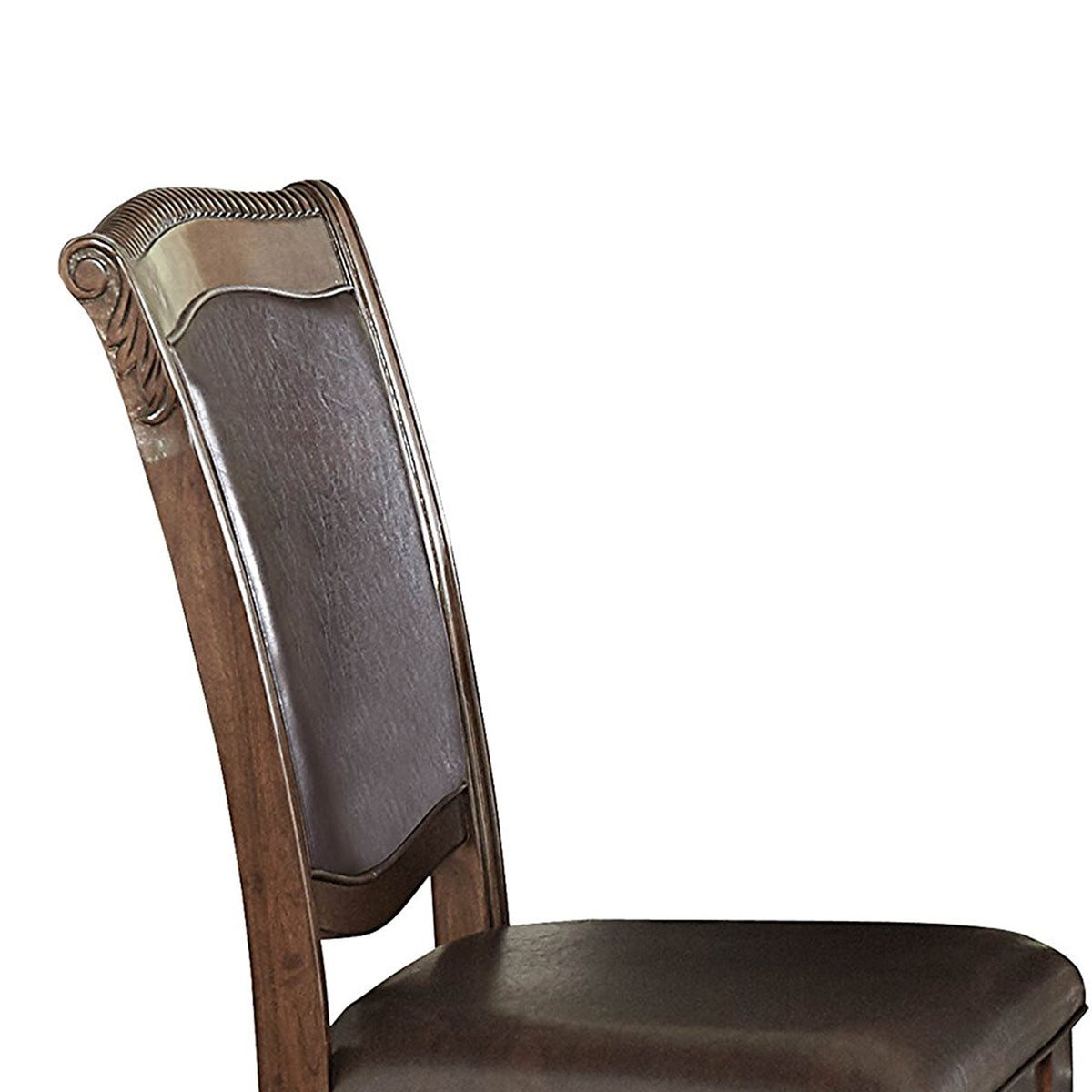 Benzara Cherry Brown Wood Dining Side Chair With Dark Brown Upholstered Leather Seat and Back Set of Two