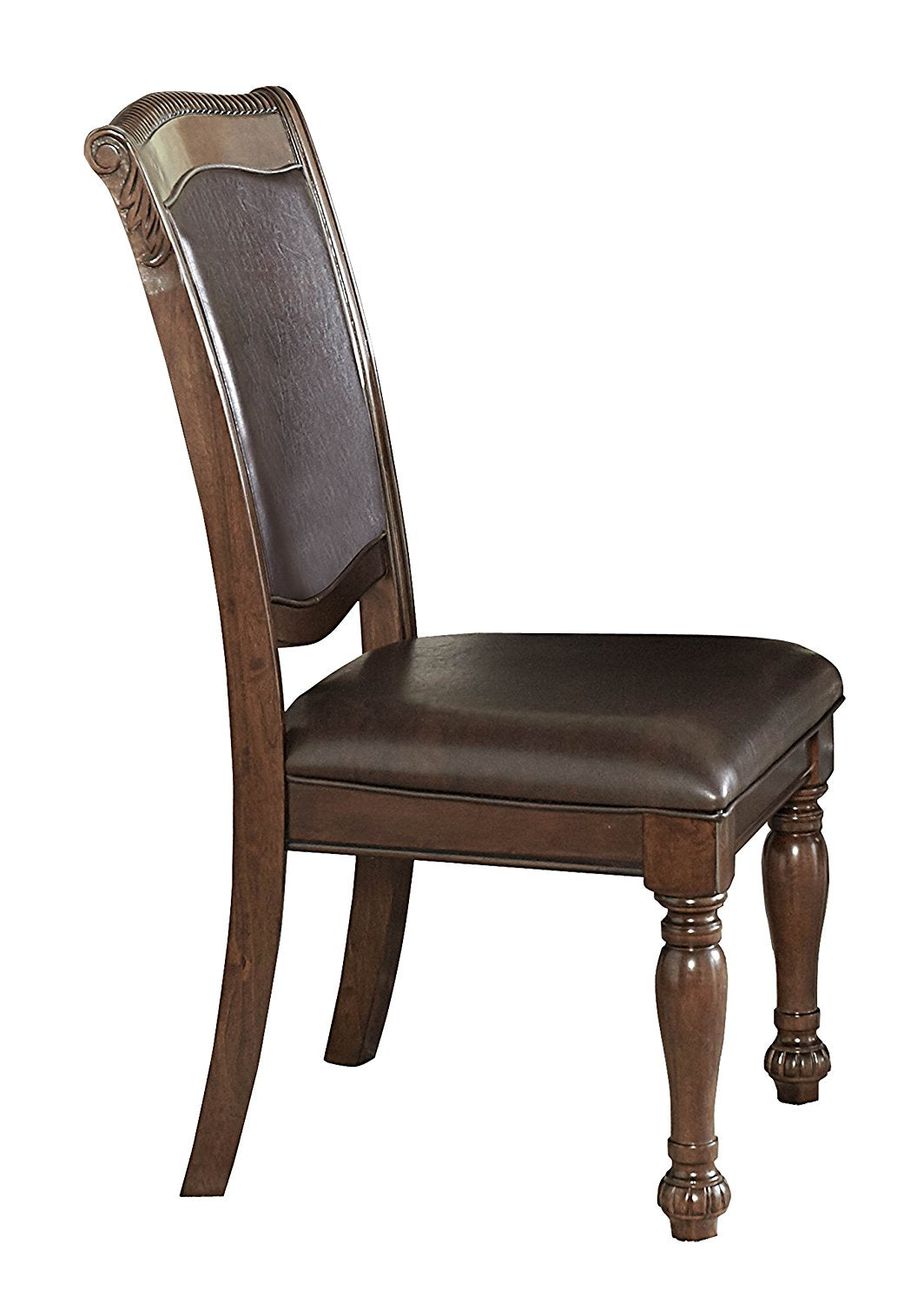 Benzara Cherry Brown Wood Dining Side Chair With Dark Brown Upholstered Leather Seat and Back Set of Two