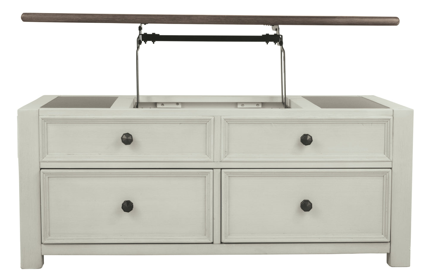 Benzara Cocktail Table With Spring Lift Top and Multiple Drawers, Brown and White