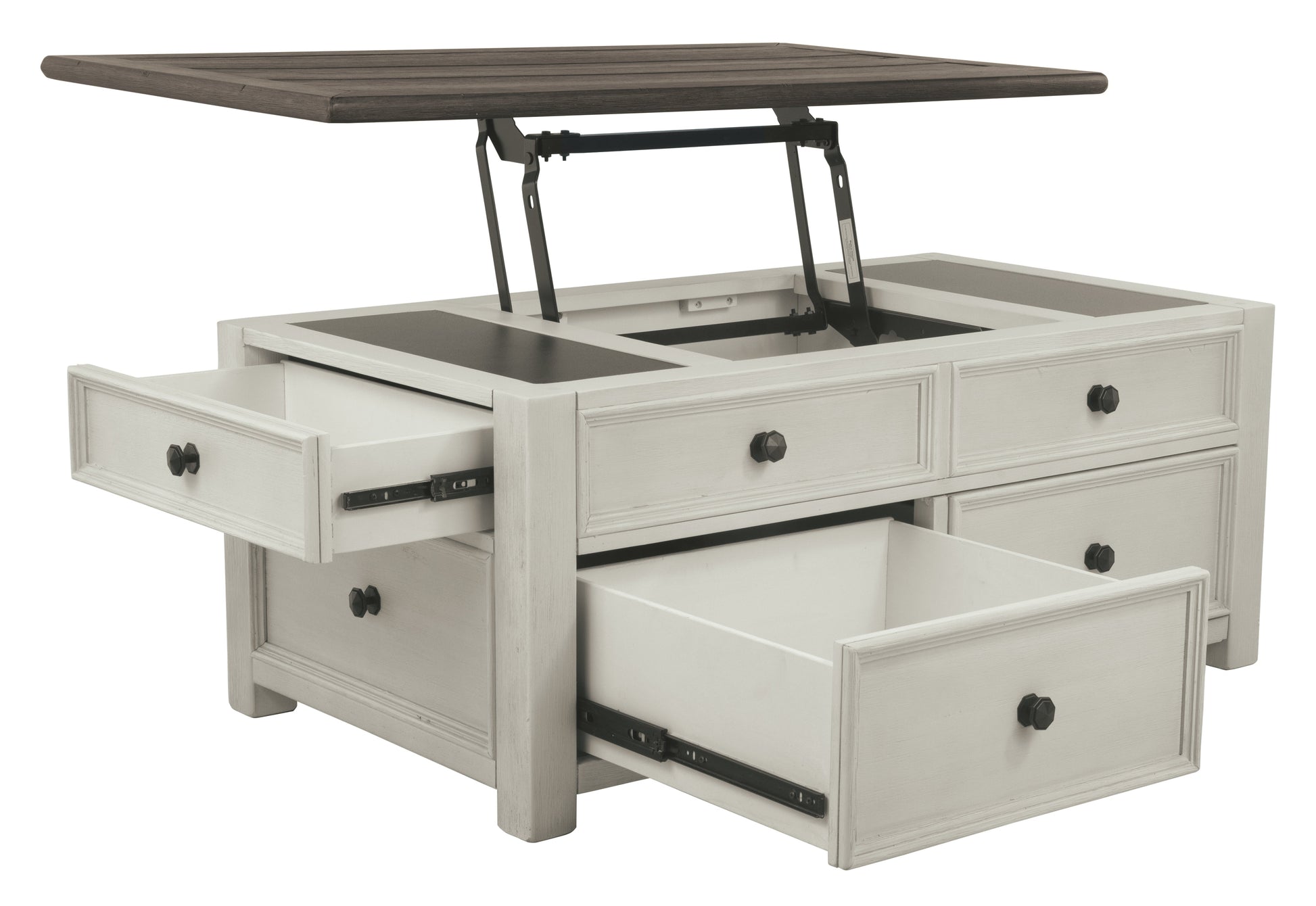 Benzara Cocktail Table With Spring Lift Top and Multiple Drawers, Brown and White