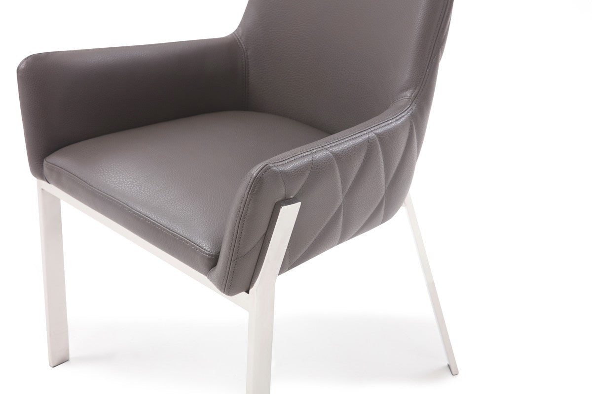 Benzara Gray Bonded Leather Dining Chair With Flared Armrest And Metal Legs