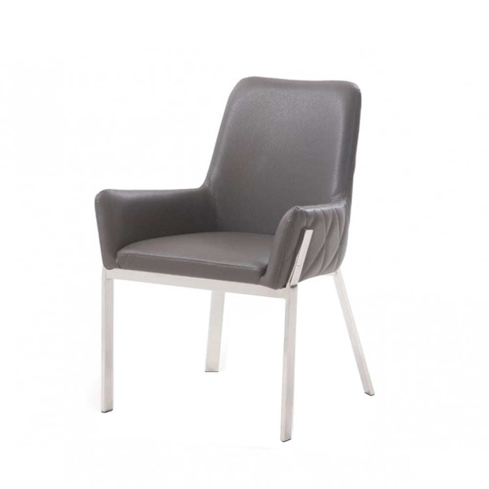 Benzara Gray Bonded Leather Dining Chair With Flared Armrest And Metal Legs