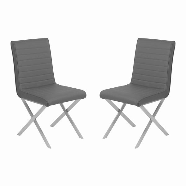 Benzara Gray Leatherette Dining Chair With Silver X Shaped Metal Legs Set of Two