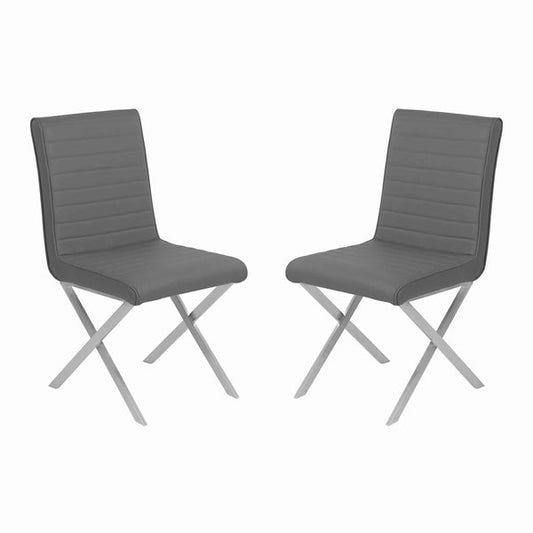 Benzara Gray Leatherette Dining Chair With Silver X Shaped Metal Legs Set of Two