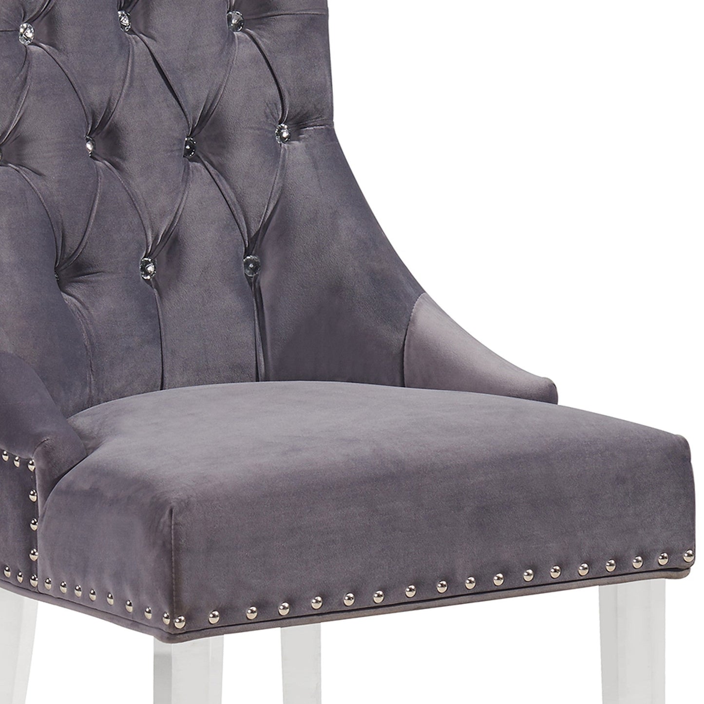 Benzara Gray Velvet Upholstered Button Tufted Dining Chair With Acrylic Legs