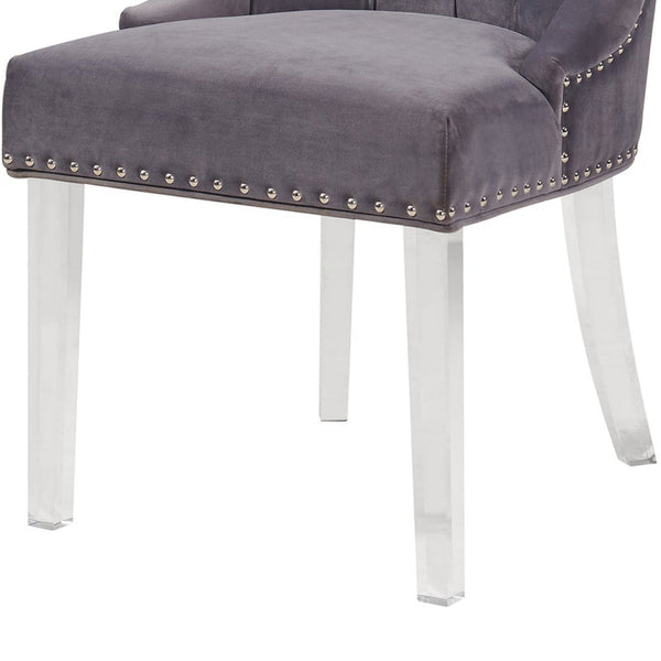 Benzara Gray Velvet Upholstered Button Tufted Dining Chair With Acrylic Legs