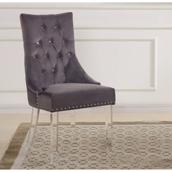 Benzara Gray Velvet Upholstered Button Tufted Dining Chair With Acrylic Legs