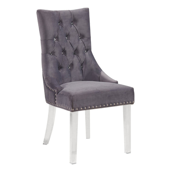 Benzara Gray Velvet Upholstered Button Tufted Dining Chair With Acrylic Legs