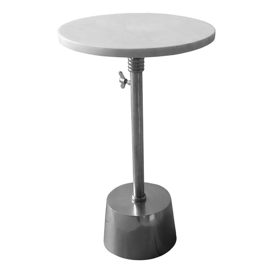 Benzara I457-AMC0022 Aluminum Frame Round Side Table With Marble Top and Adjustable Height, White and Silver