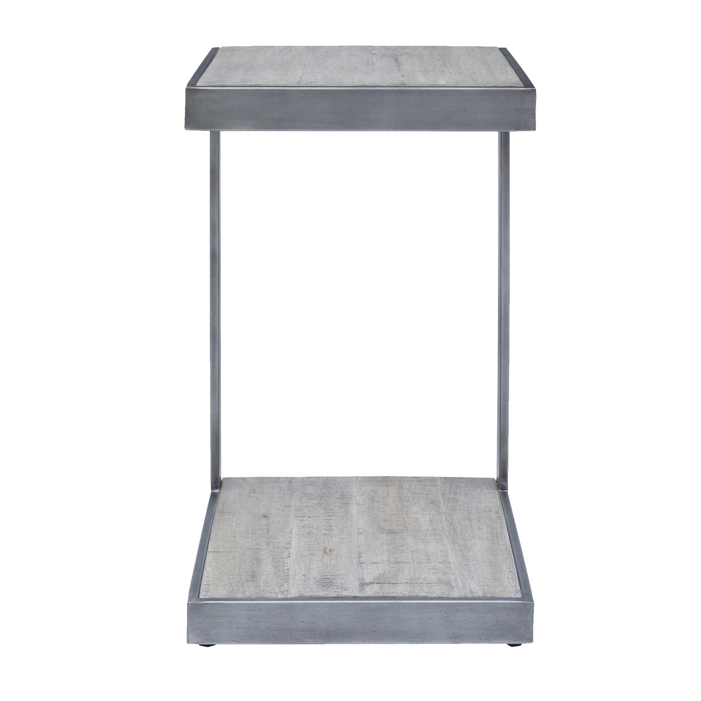 Benzara Metal Frame C Shape End Table With Wooden Top and Bottom, Antique Gray