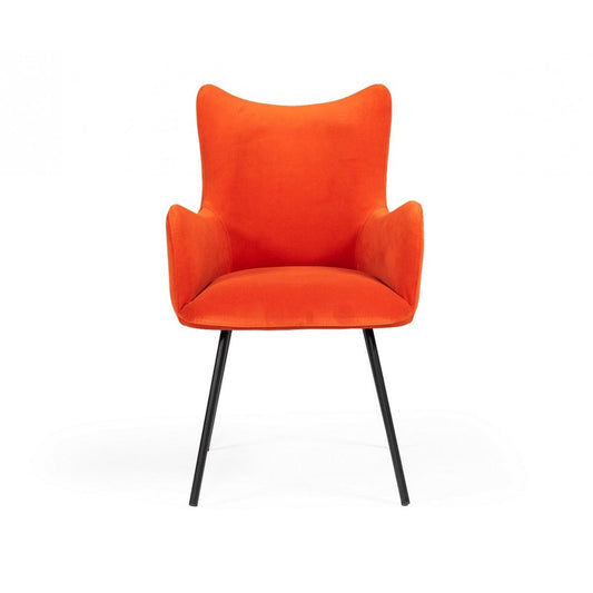 Benzara Orange Fabric Upholstered Dining Chair With Winged Back and Curved Arms