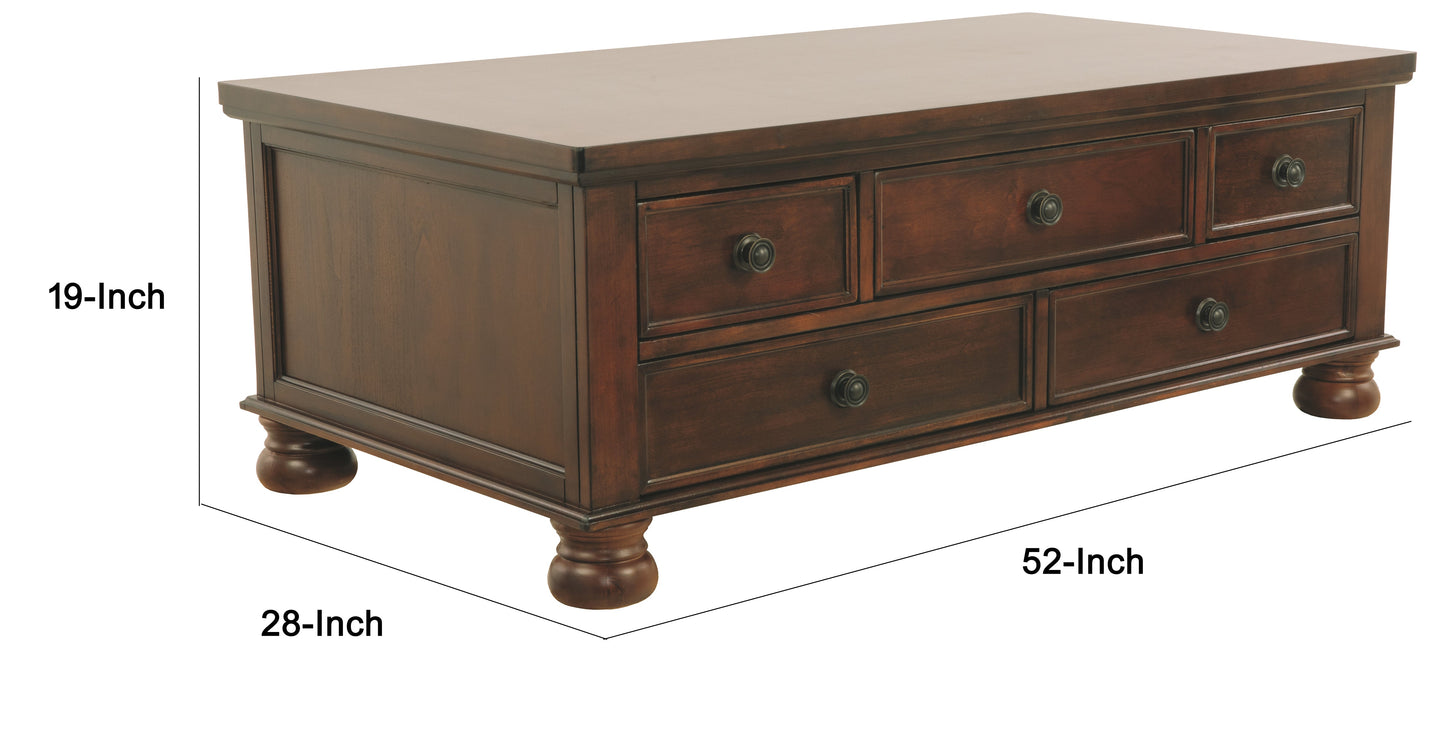 Benzara Rectangular Cocktail Table With 5 Drawers and Turned Bun Feet, Brown