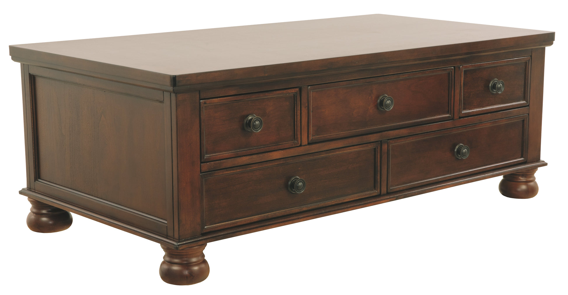 Benzara Rectangular Cocktail Table With 5 Drawers and Turned Bun Feet, Brown