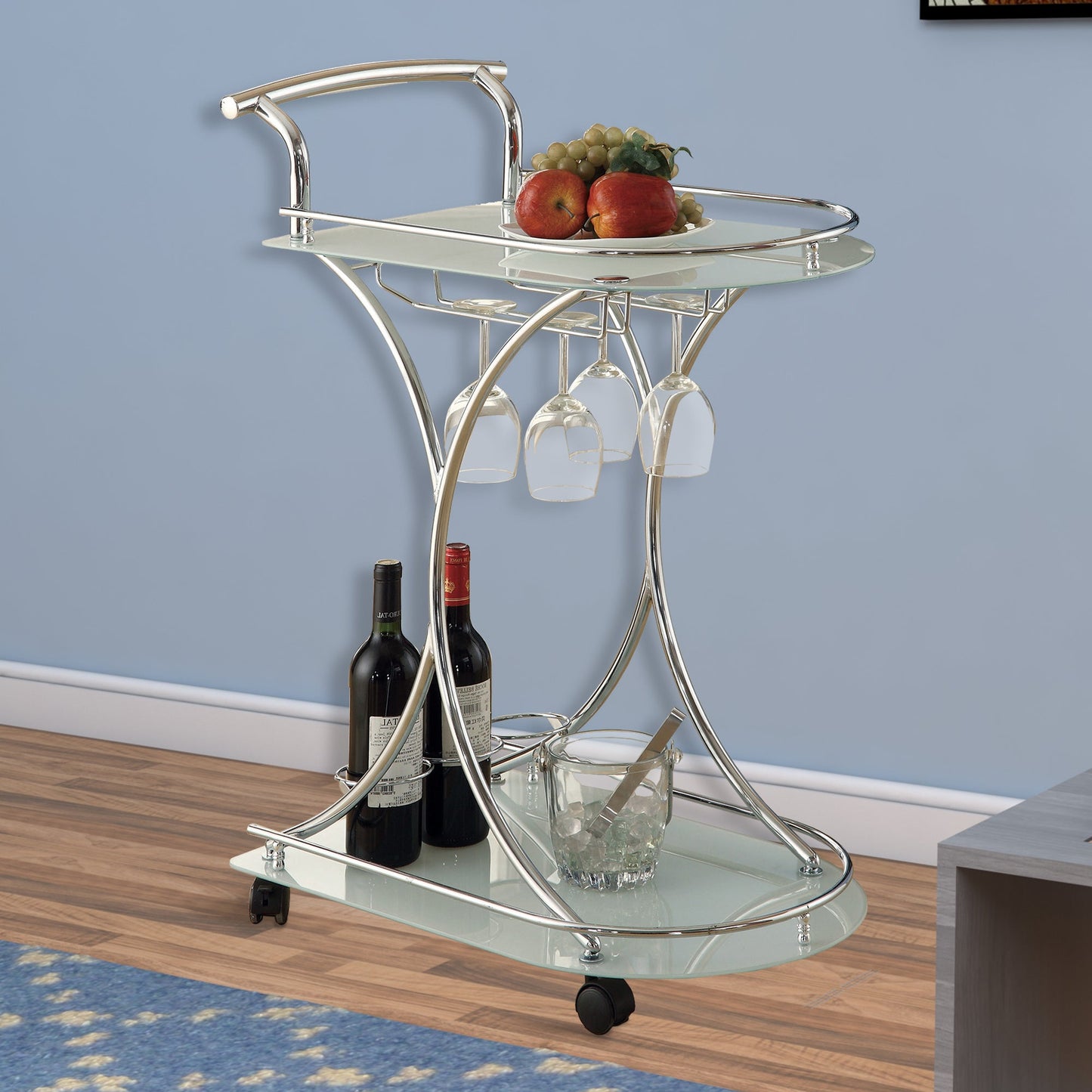 Benzara Silver Captivating Serving Cart With 2 Frosted Glass Shelves