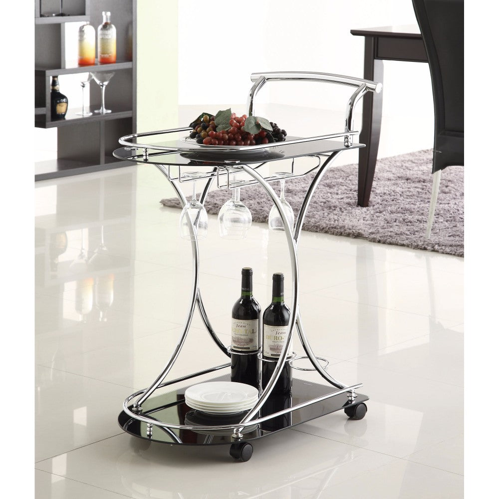 Benzara Silver Dazzling Serving Cart With 2 Black Glass Shelves