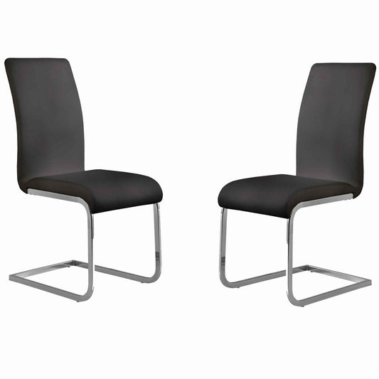 Benzara Silver Metal Cantilever Base Dining Chair With Black Leatherette Upholstered Seat and Backrest Set of Two