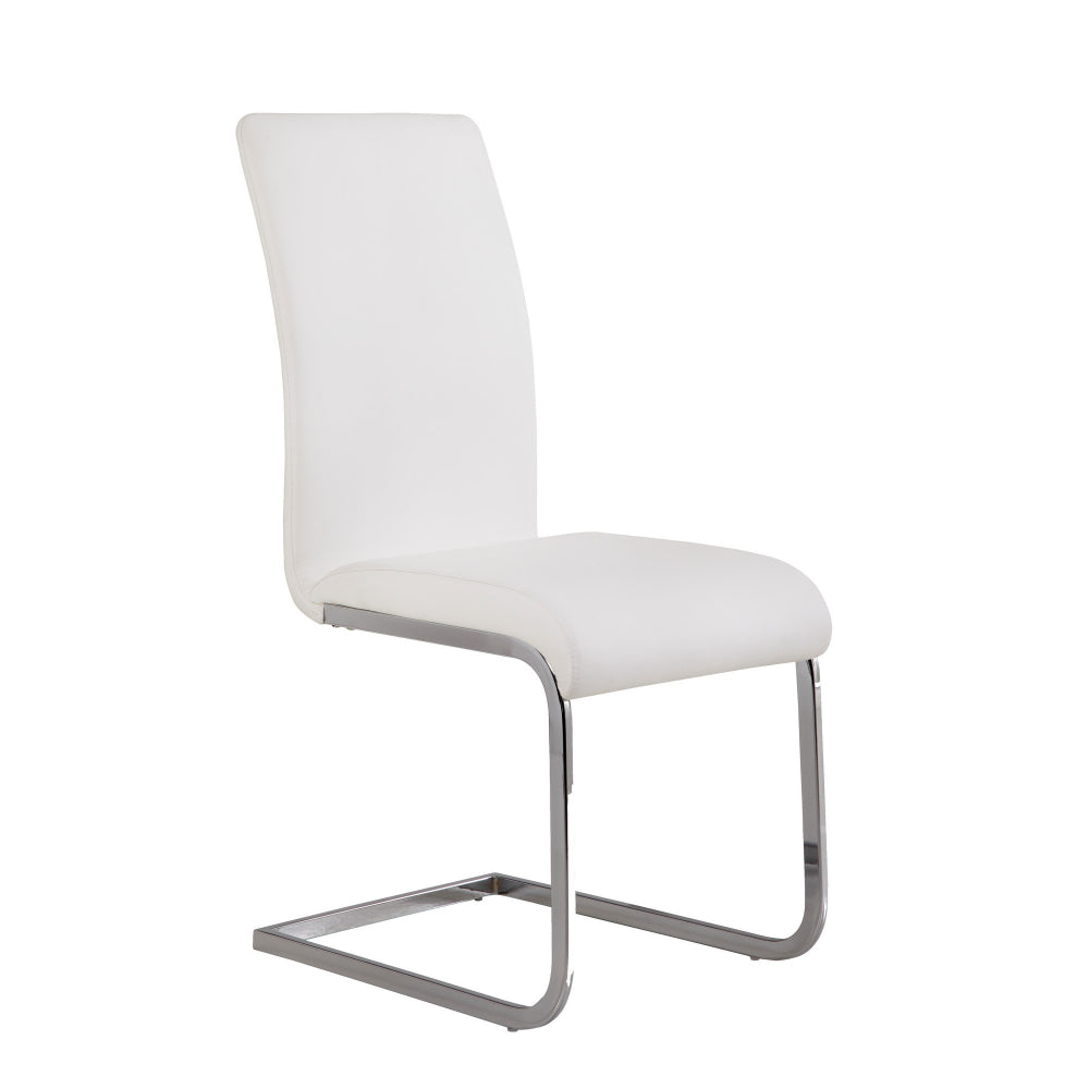 Benzara Silver Metal Cantilever Base Dining Chair With White Leatherette Upholstered Seat and Backrest Set of Two